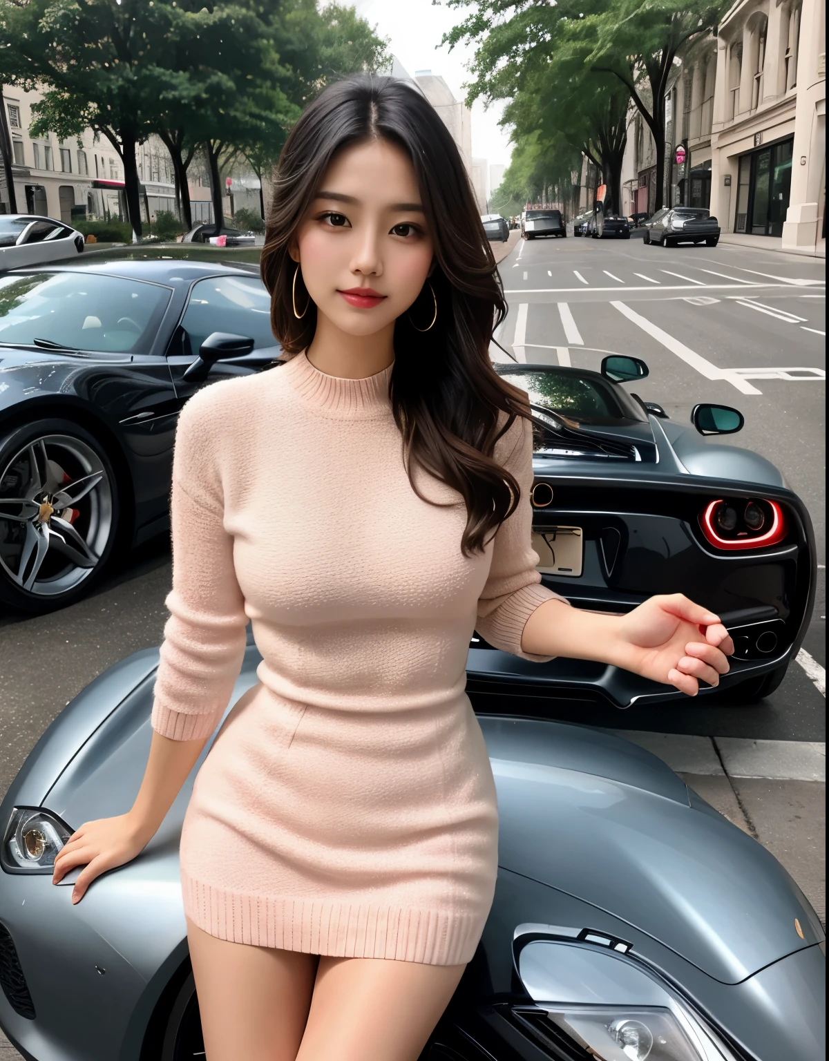 Imagine the highest quality photos。The background is a sophisticated cityscape、Luxury sports cars are shining bright lights。Beautiful long-haired female model in tight knitted dress posing in front of sports car。

Her knitted dress is an elegant pink color、Fit the body、Highlight beautiful curves。The material of the dress has a sense of luxury、Glossy。Her long hair was soft and wavy.、It sways in the wind to create an elegant atmosphere。

Female model looking at camera with confident expression.、The poses are attractive with a sophisticated posture。Fusion of beauty figures and sports cars、It further emphasizes the feeling of luxury and attraction。

Photos that capture lovely moments that convey the charm of luxury and fashion。.、It will make your viewers feel a gorgeous world。Elegant pose of model and glamorous sight of sports car、It is a photo that exudes an attractive sense of luxury...。