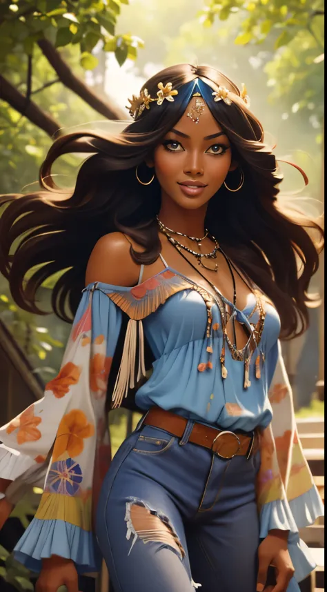 Foto hiperrealista en primer plano de Naomi Campbell, dressed in a tie-dye blue blue blouse paired with bell-bottom jeans and fringe accessories. She wears a headband or flower crown in her long, flowing hair. The setting is a bohemian-inspired outdoor mus...
