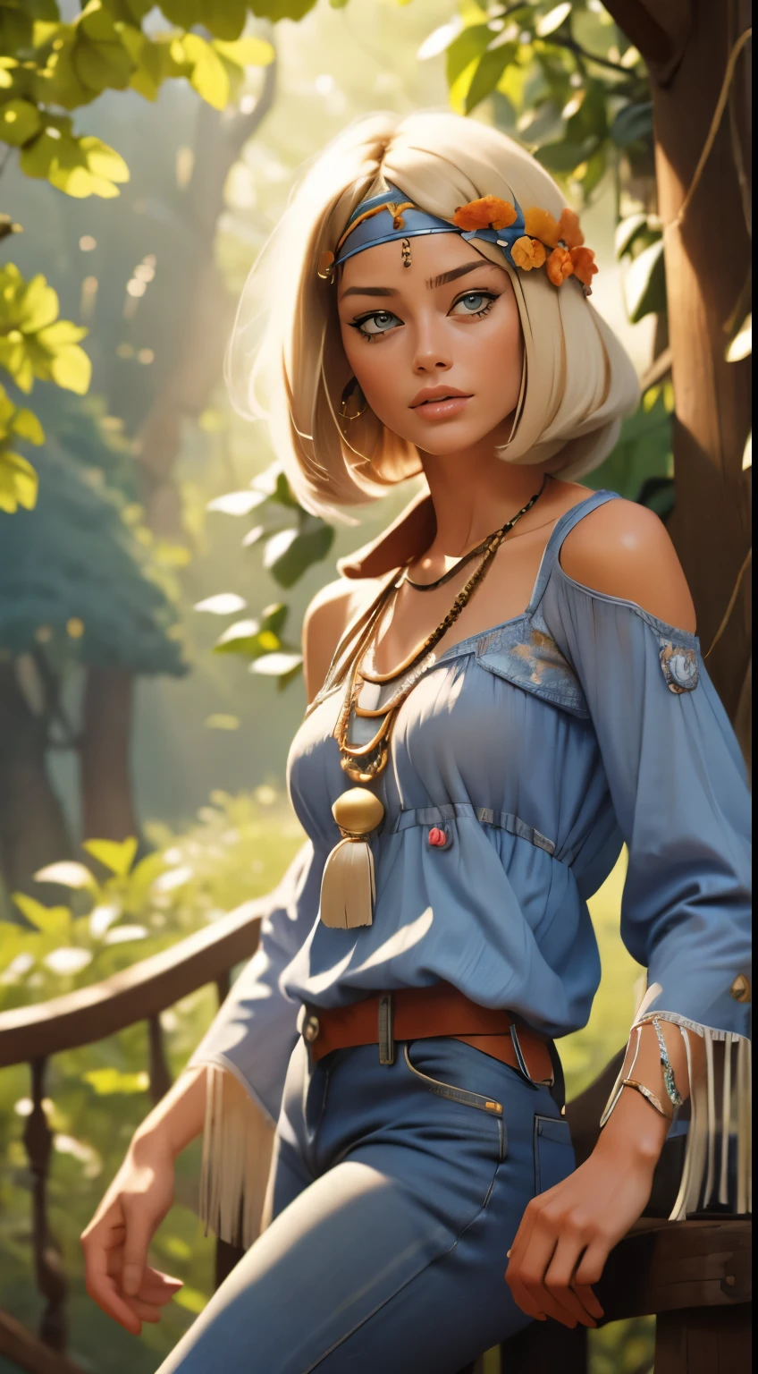 RAW photo of 50 years old Doutzen Kroes, dressed in blue peasant blouse paired with bell-bottom jeans and fringe accessories. She wears a headband or flower crown in her long, flowing hair. The setting is a bohemian-inspired outdoor music festival or a peaceful nature backdrop, capturing the free-spirited and laid-back vibe of the era 60Retro69Punch75, beautiful woman, medium breasts, platinum blond hair,  (bob haircut:1.2), wrinkles on the face,