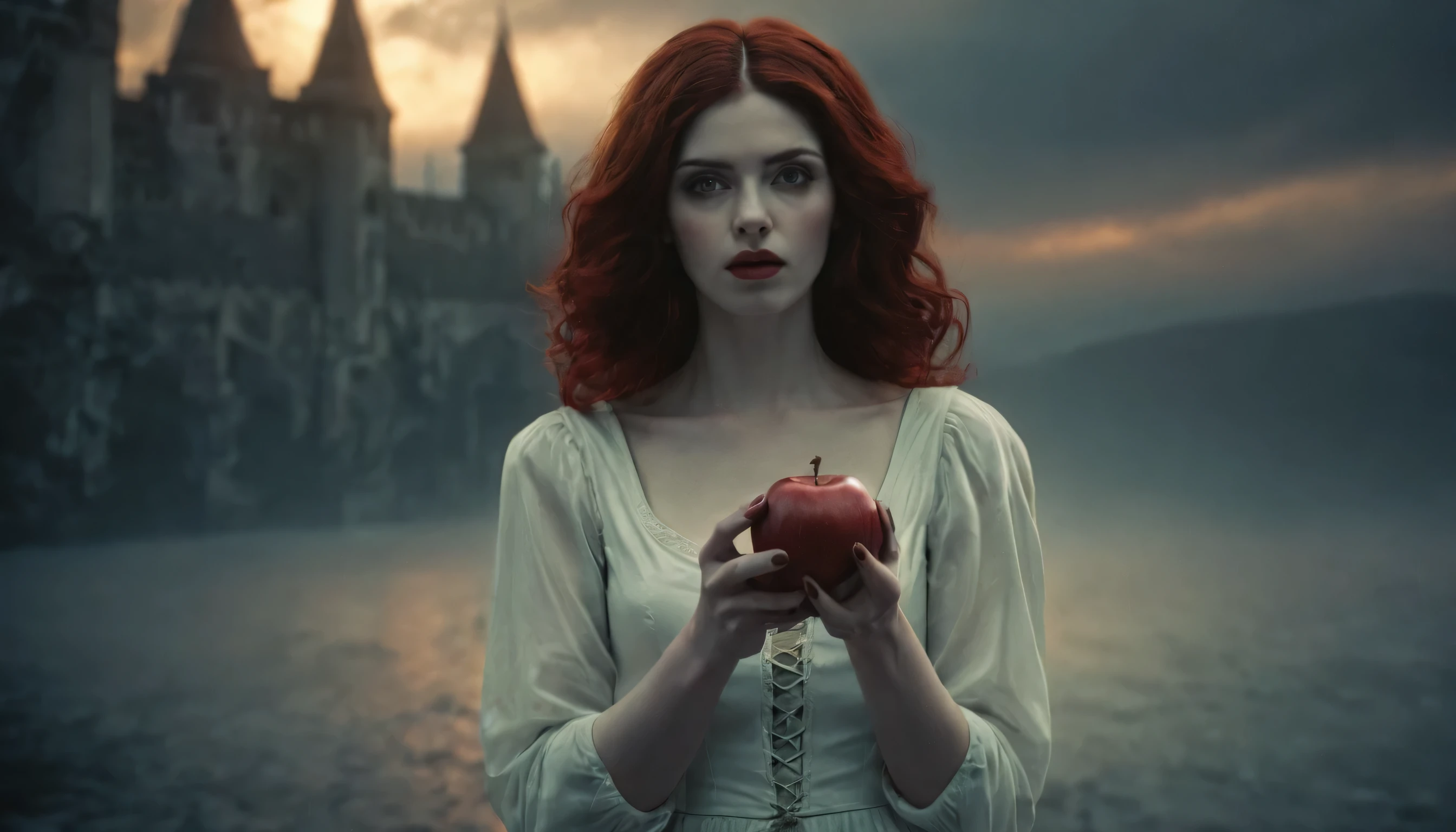 A young girl, snow white holds a red apple in her hand, dark style, long curly redhair, twilight, the background is an old gothic castle illuminated by the moon's rays, Gothic art, Romanticism, Realism, dramatic lighting, cinematic lighting, motion blur, depth of field, masterpiece, high quality, high details, textured skin, highres