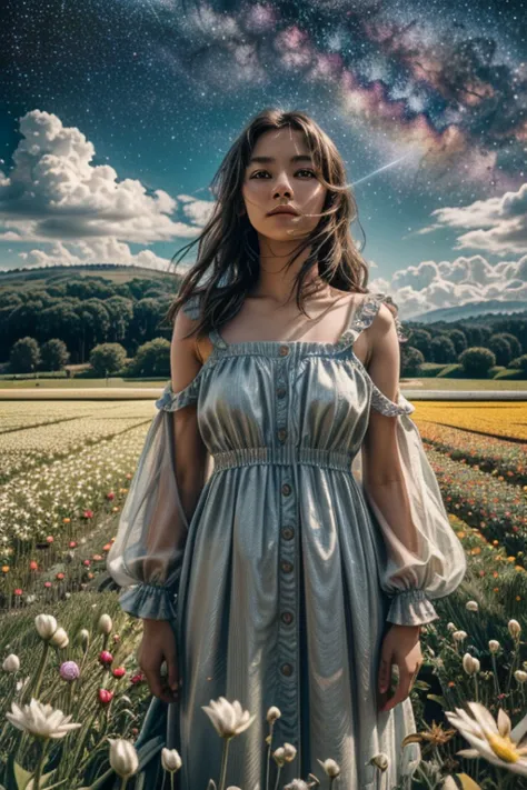 There is a girl standing on a flower field looking up at the sky, a girl standing on a flower field, a girl walking through a fl...
