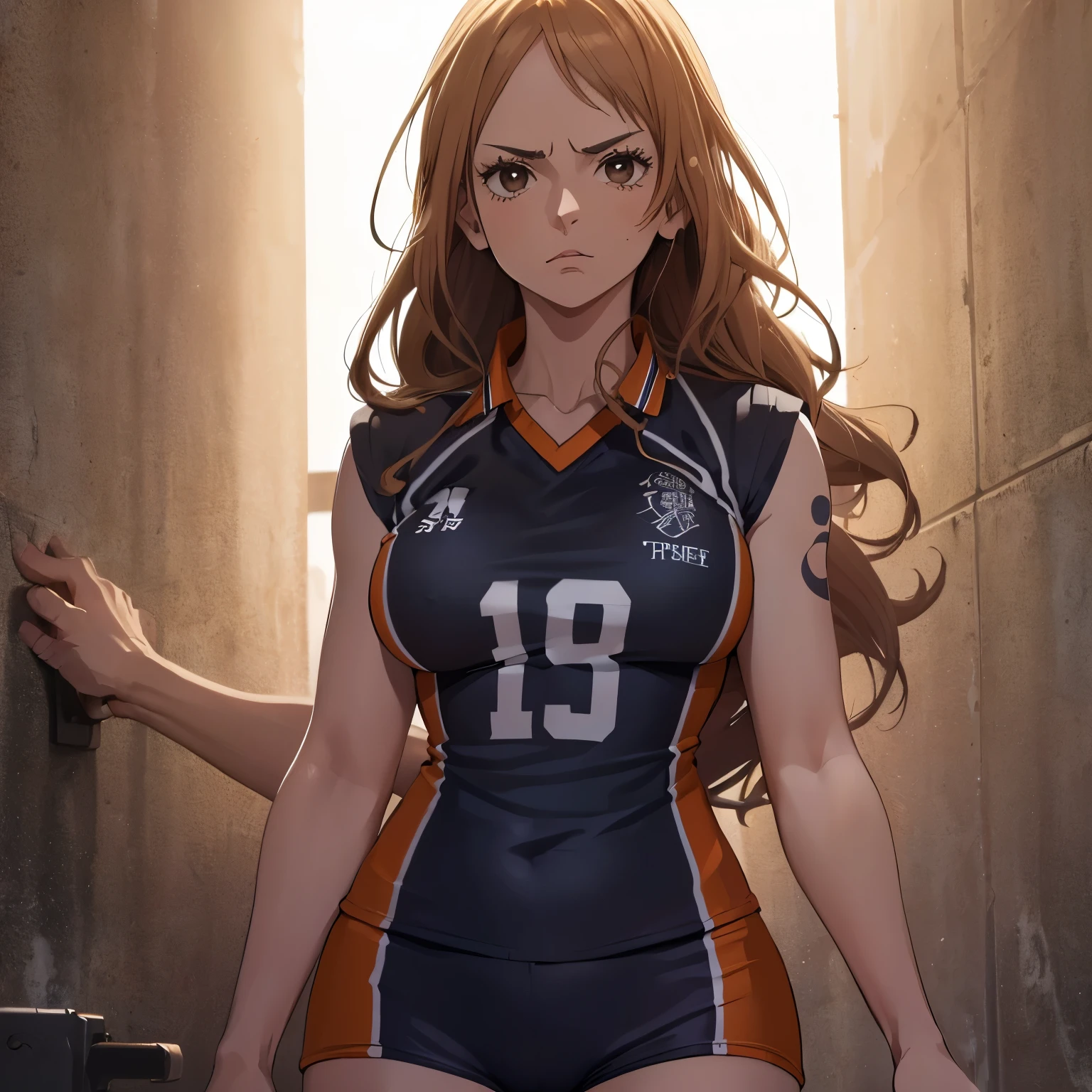 ((master piece)), ((melhor qualidade)), ((Altas)), ((extremamente detalhado CG unidade 8k papel de parede)), nami de one piece, (cabelo ruivo), olhos castanhos brilhantes, serious and seductive look, (wearing a karusuno volleyball uniform from haikyuu), volleyball uniform, seios grandes, coxas grossas, cintura fina, corpo perfeito, ((Full character view)), ((corpo inteiro)), dynamic pose, riqueza em detalhes, perfect hands, beldade, beleza, (Rosto perfeito, Perfect and symmetrical eyes)