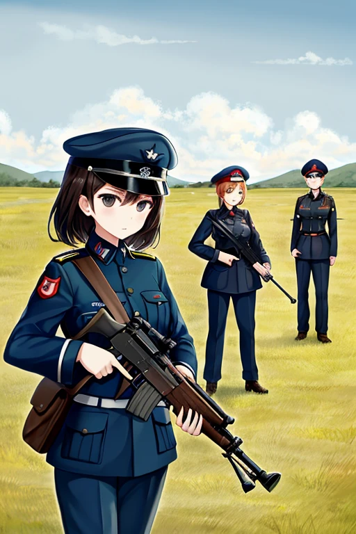 girls in second world war military uniform, holding weapons, on the battlefield