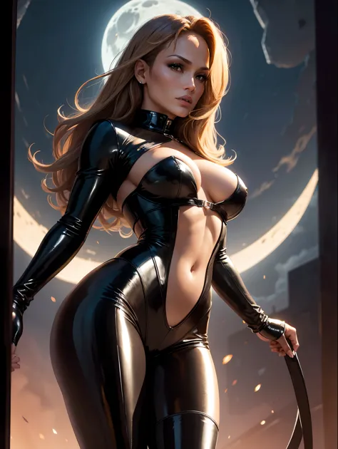 Jennifer Lopez dressed as dominatrix. tight shiny catsuit unzipped past navel, thigh high leather boots,. standing. Front view. ...