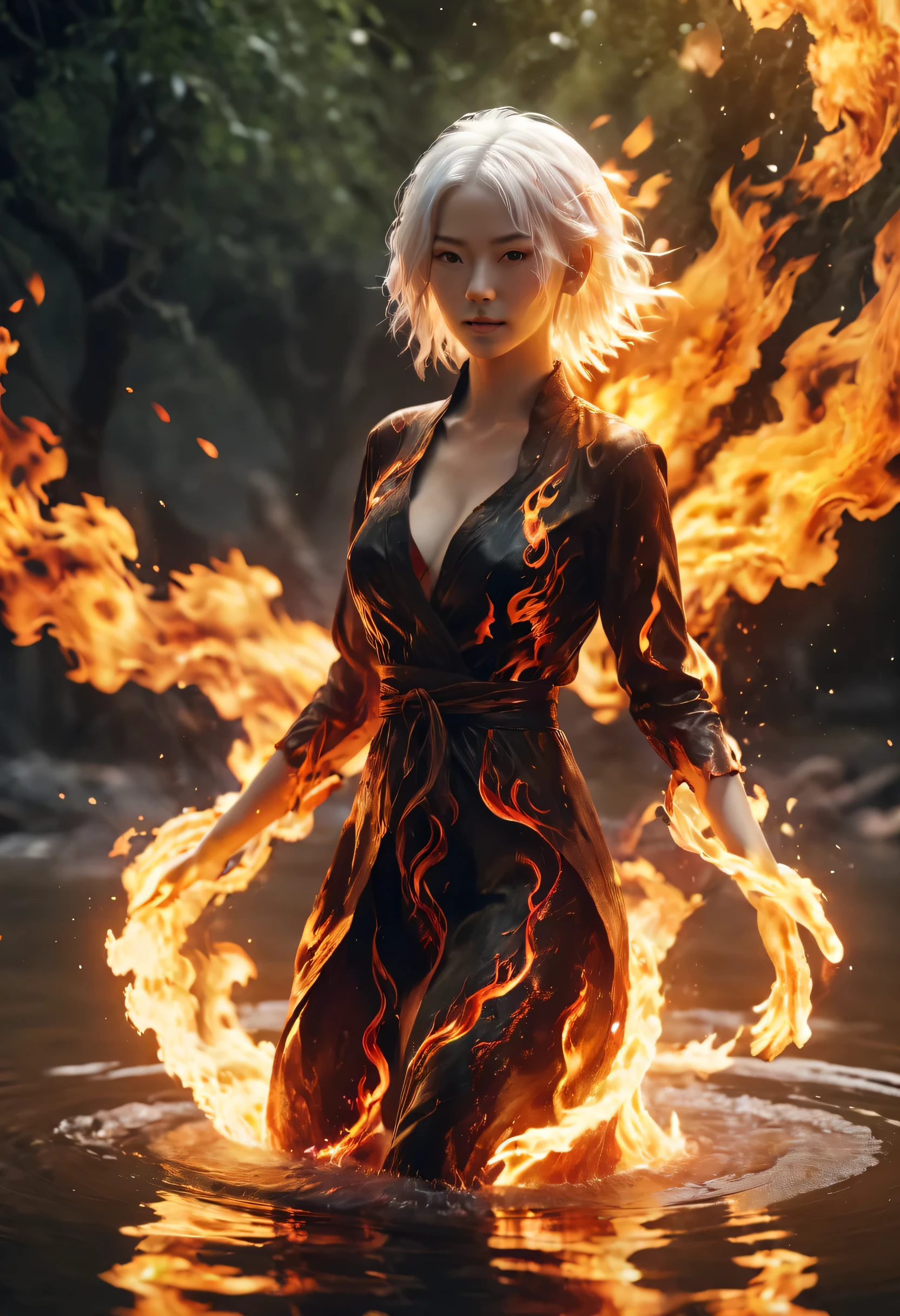 (Flame/火焰/loimu，dynamic scene:1.3)，a beautiful woman with white hair, standing in  the middle of a burning river, 3d render, unreal engine, background is dark and burning, realistic, fire , red, yellow, orange, black, ar 9:16 