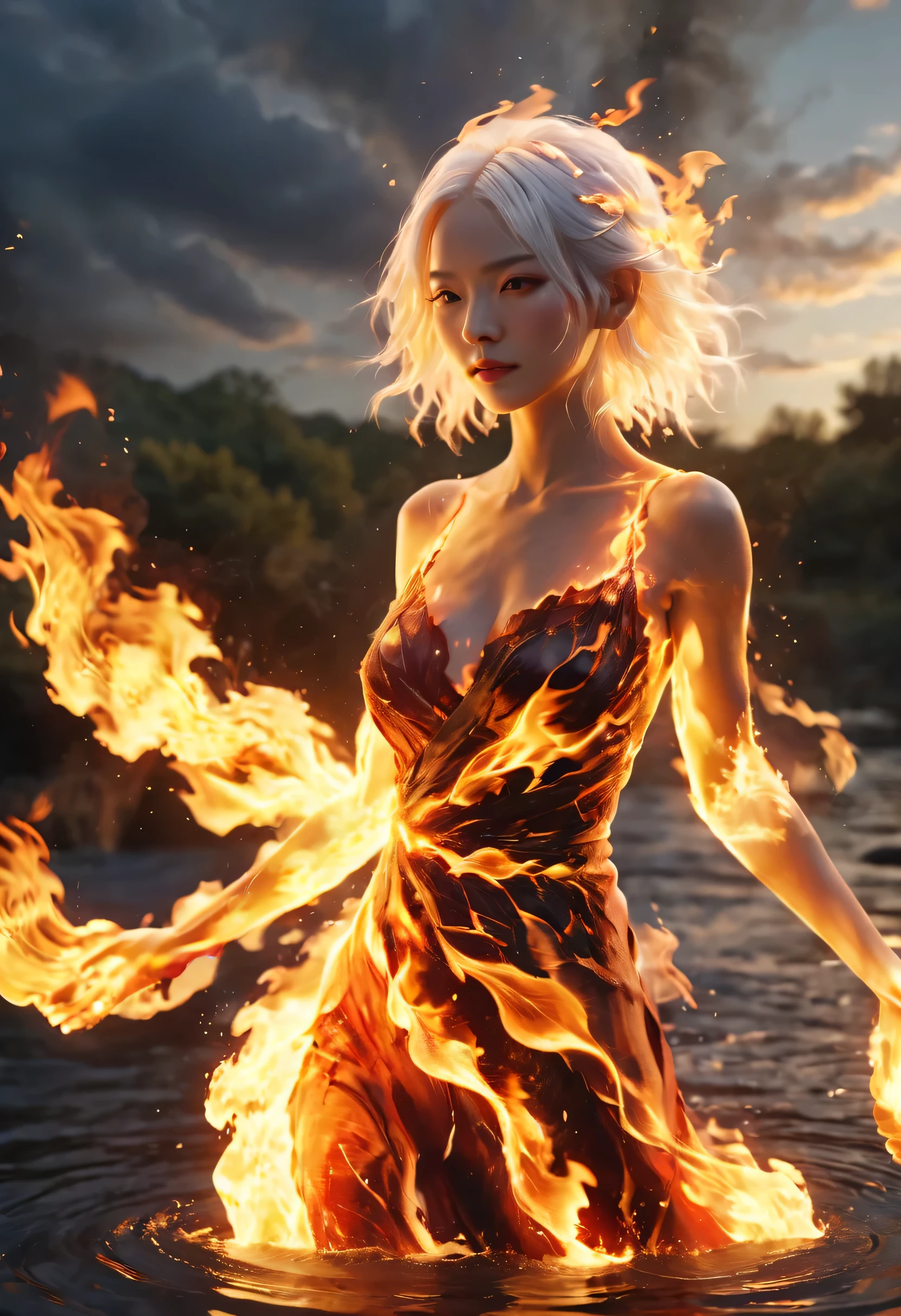 (fuego/fuego/resplandor，escena dinámica:1.3)，Una hermosa mujer con cabello blanco, parado en medio de un río en llamas, representación 3d, Motor irreal, El fondo es oscuro y arde., Realista, fuego , rojo, amarillo, Naranja, negro, AR 9:16 