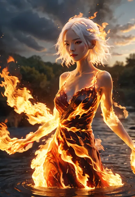 (Flame/火焰/loimu，dynamic scene:1.3)，a beautiful woman with white hair, standing in  the middle of a burning river, 3d render, unr...