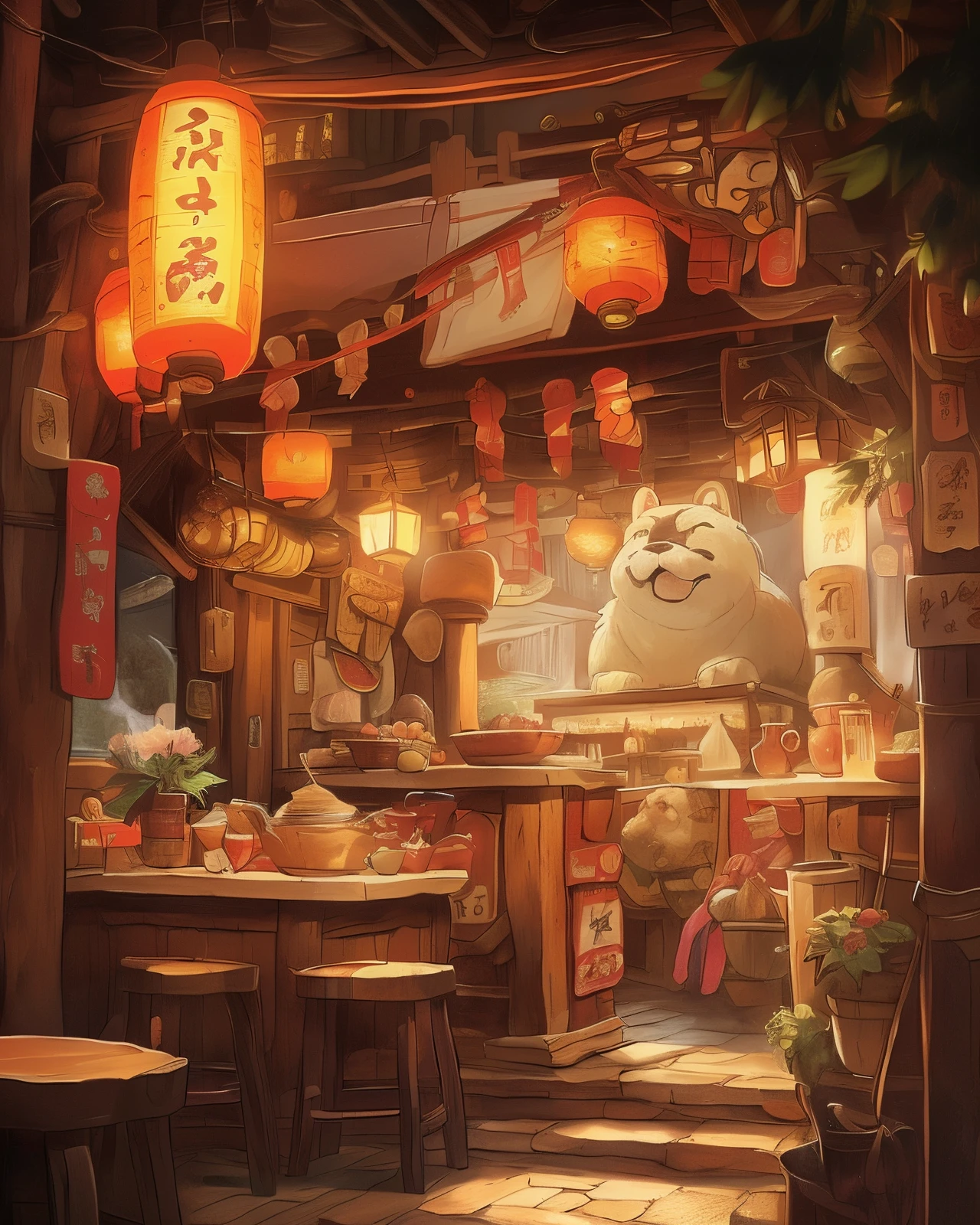 a close up of a restaurant with a large stuffed animal in the middle, a multidimensional cozy tavern, by Yang J, traditional japanese concept art, anime background art, trending on artstation pixiv, cozy cafe background, inspired by Kanō Naizen, kawacy, trending on cgstation, by Shitao, inspired by Shiba Kōkan