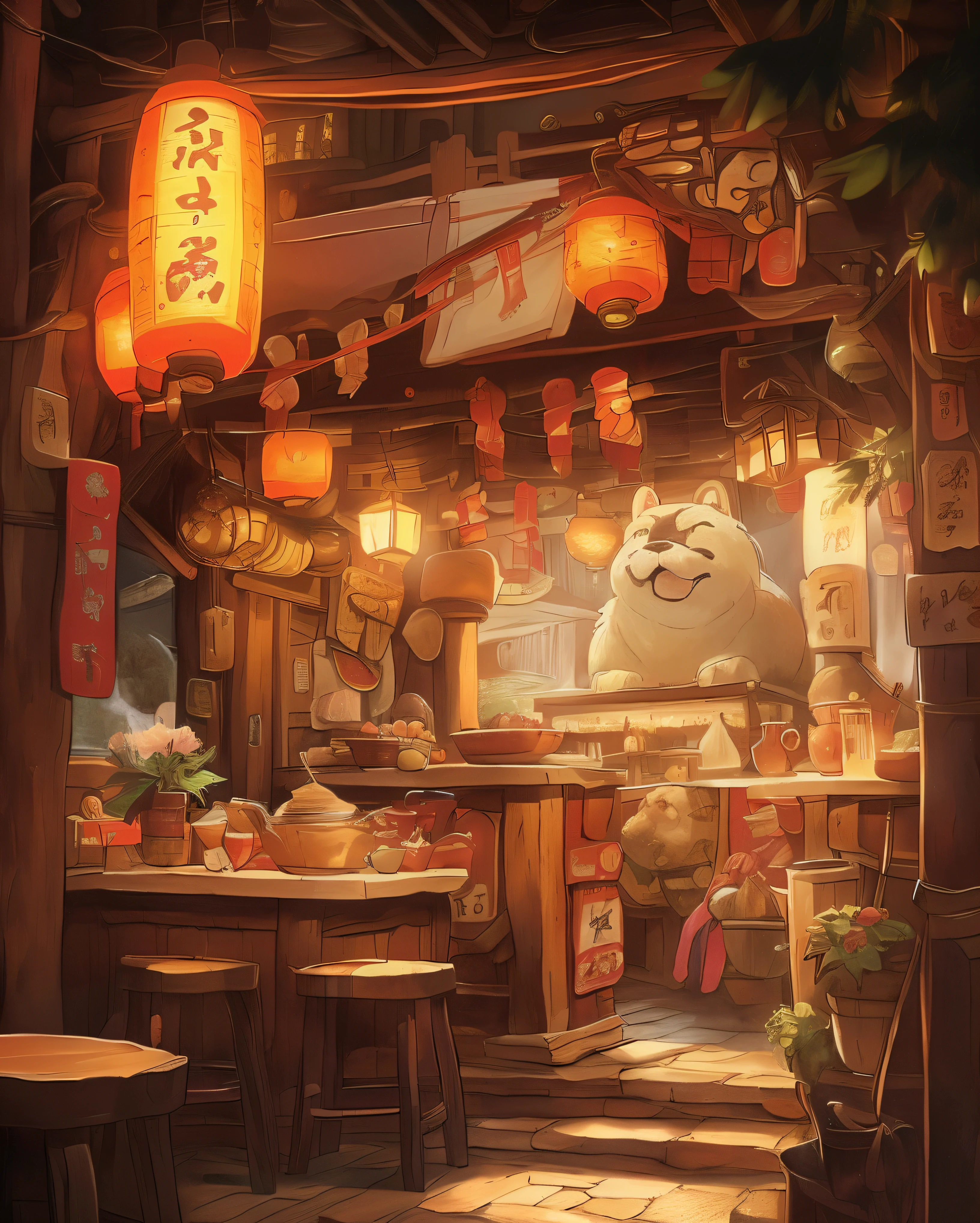 un primer plano de un restaurante con un gran animal de peluche en el medio, una acogedora taberna multidimensional, by Yang J, arte conceptual japonés tradicional, arte de fondo animado, tendencia en artstation pixiv, fondo acogedor cafe, inspirado en Kanō Naizen, tipo, tendencia en cgstation, por Shitao, inspirado en Shiba Kokan