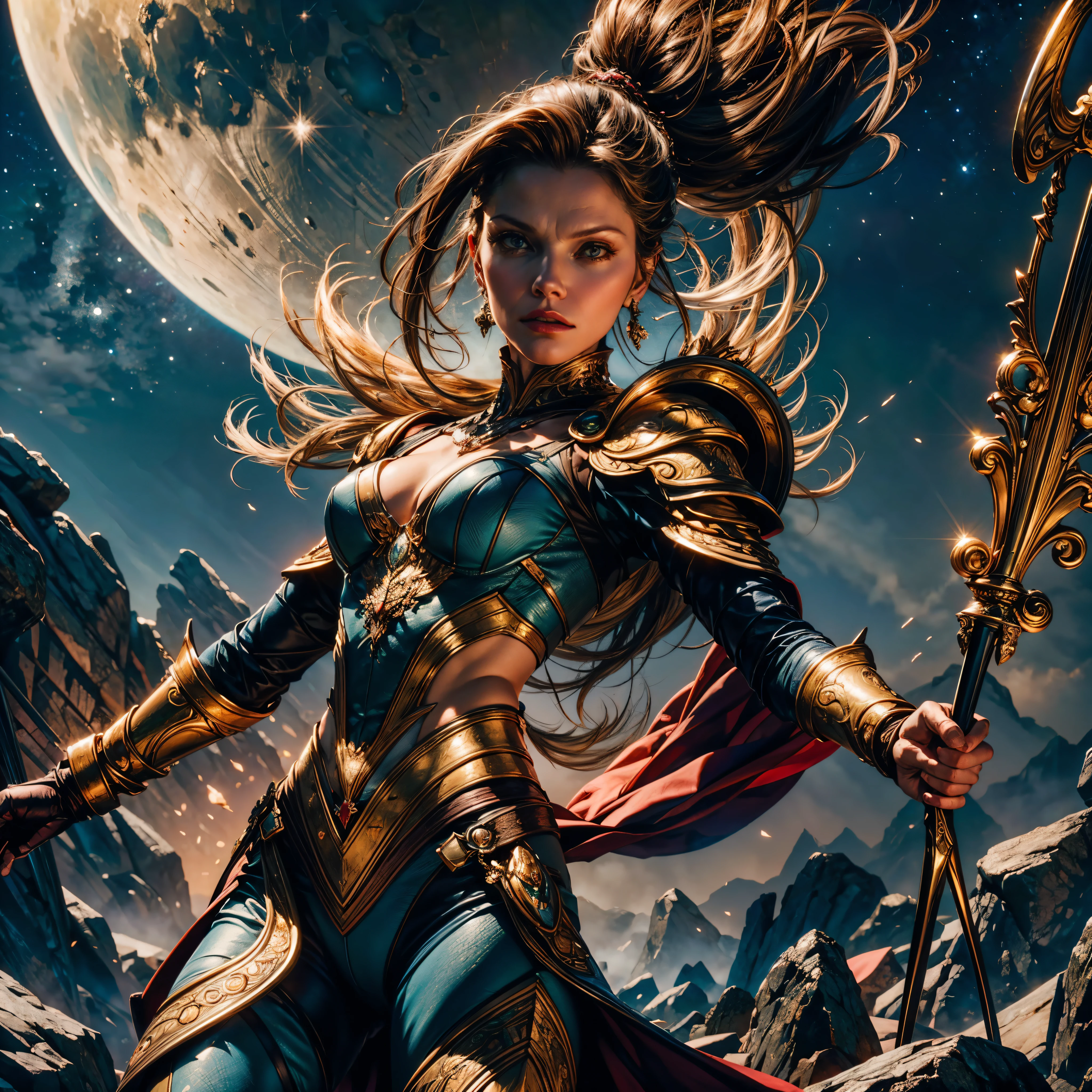 Epic Beautiful painting of Мишель-Пфайффер as perfect gorgeous female warrior, бесформенный длинный полный корпус, идеальные черты, (в чрезвычайно барочных доспехах. Кольчуга._броня), Абстрактная красота, почти совершенство, Чистая форма, динамичная поза, эфирный фон, (глубокие темные тени), (сильное кинематографическое освещение), (Заднее освещение), "Мишель-Пфайффер" концепт-арт Грега Рутковски, Джона Уильяма Уотерхауса и Альфонса Мухи, эпические потрясающие детали, сложные детали, гипер постпродакшн, Сверхвысокое разрешение, сверхвысокая детализация, в тренде на artstation, ультра острый фокус, глубина резкости f/1.8, студийные фотографии, (((смотрю в камеру))) magv1ll высокая детализация, Лучшее качество, абсурд [Ультра подробный], шедевр, ultra high Лучшее качество, (чрезвычайно подробный), Динамический угол, ультра широкий план, Фотореалистичный, ((фэнтези-арт)) ((стиль Ларри Элмора)), неважное искусство, РПГ арт, реалистическое искусство, female human druid of the звезды, хранитель природы, controlling magical energy made of звезды, кружащийся синий старый волшебный свет, божественные символы (1.5 сложные детали, шедевр, Лучшее качество, абсурд), человек женщина, чрезвычайно красивый, ультра женственный, динамичные волосы, динамичные волосы color, Ношение кожаных доспехов, держа посох, лунный свет, звезды, динамический естественный фон, РПГ арт, Волшебная атмосфера волшебного фэнтезийного леса, ультра лучший реалистичный, лучшие детали, Лучшее качество, абсурд, [Ультра подробный], шедевр, ultra Лучшее качество, (чрезвычайно подробный), ультра широкий план, фотореализм, глубина резкости, гиперреалистичная картина, 3D-рендеринг, варьируется мульти и т. д.. --v 6 --s 1000 --c 20 --q 20 --хаос 100