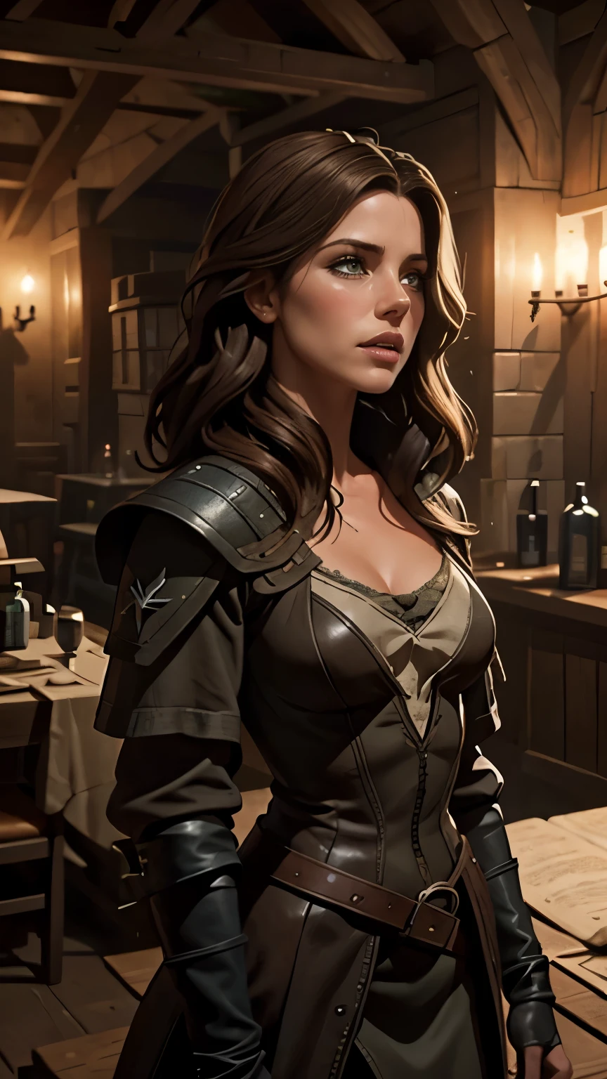 Foto hiperrealista en primer plano de Kate Beckinsale, Create dystopian masterpieces. as a witcher, scene from the Witcher movie, the entire figure dressed in witcher style, inside a medieval inn, beautiful woman, skinny, small breasts, straight brown hair, detailed face, photo taken from a distance, age 20 tears old