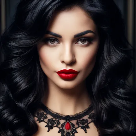a close up of a woman with a red lipstick and a necklace, dark hair and makeup, wonderful dark hair, beautiful black hair, woman...
