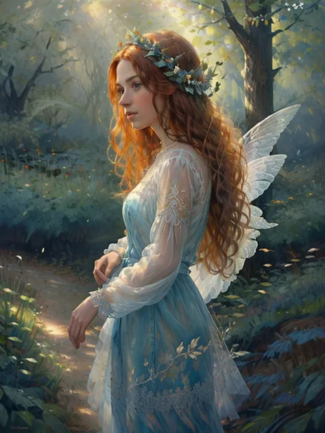 oil painting, masterpiece, best quality, full body portrait of a beautiful 25-year-old forest fairy with long red hair, (highest...