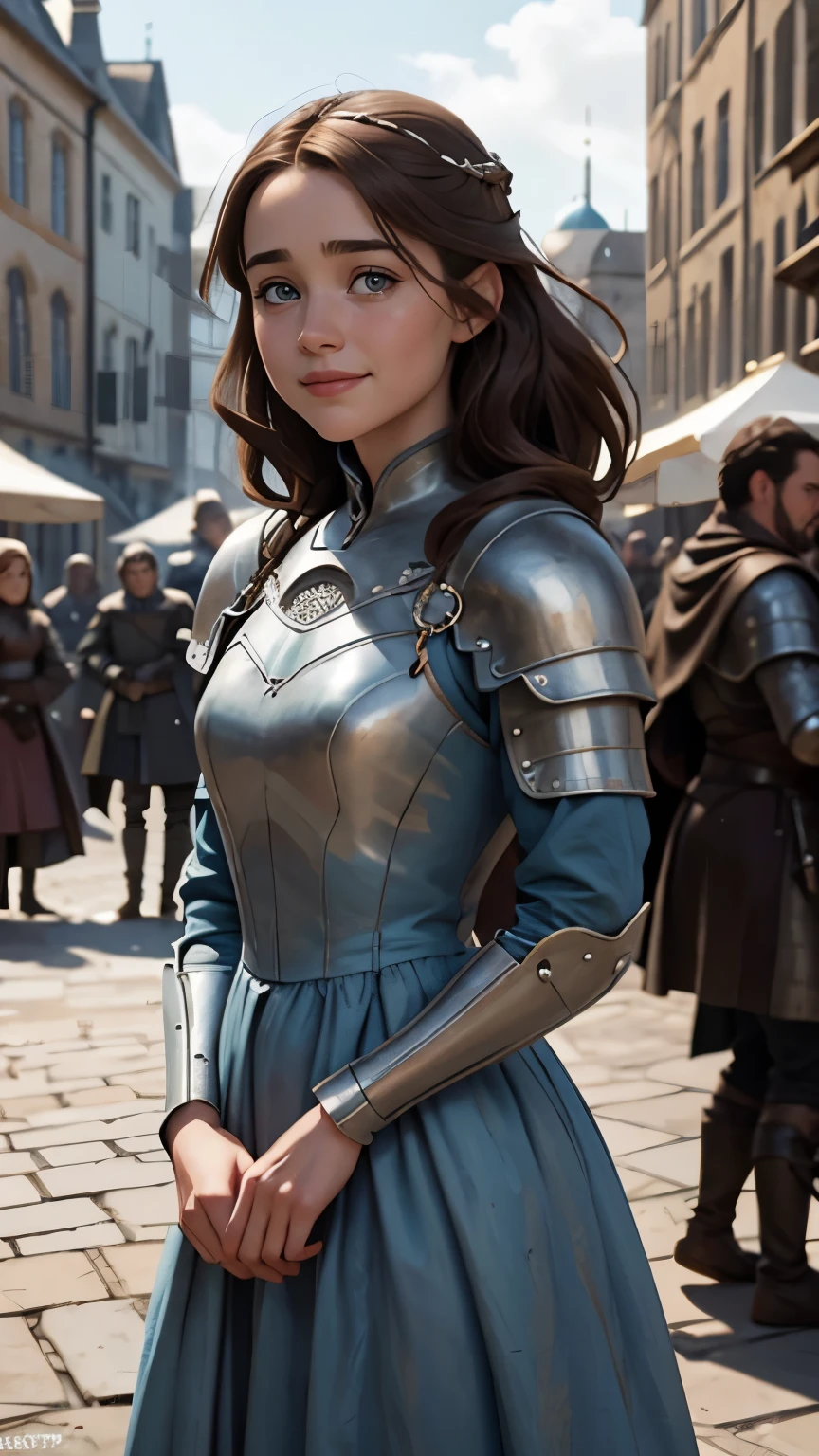 Foto hiperrealista en primer plano de Willa Fitzgerald, Create dystopian masterpieces, scene from the Game of Thrones movie, the entire figure dressed in Game of Thrones style, light blue dress with armor accessories, om a medieval market square,  beautiful woman, skinny, small breasts, straight brown hair, detailed face, smile smile, photo taken from a distance, age 20 tears old