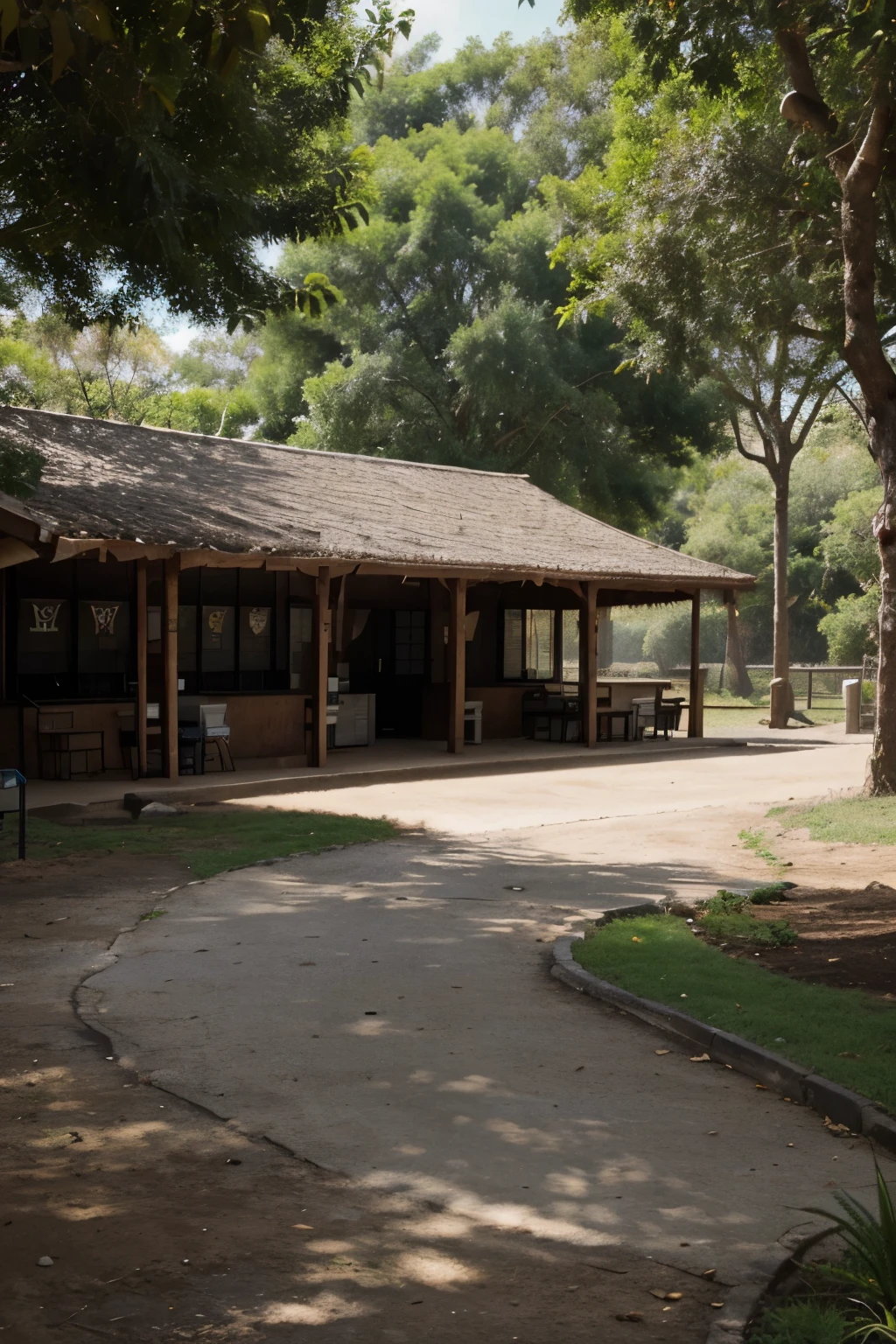 There is a small building with a thatched roof in the park - SeaArt AI