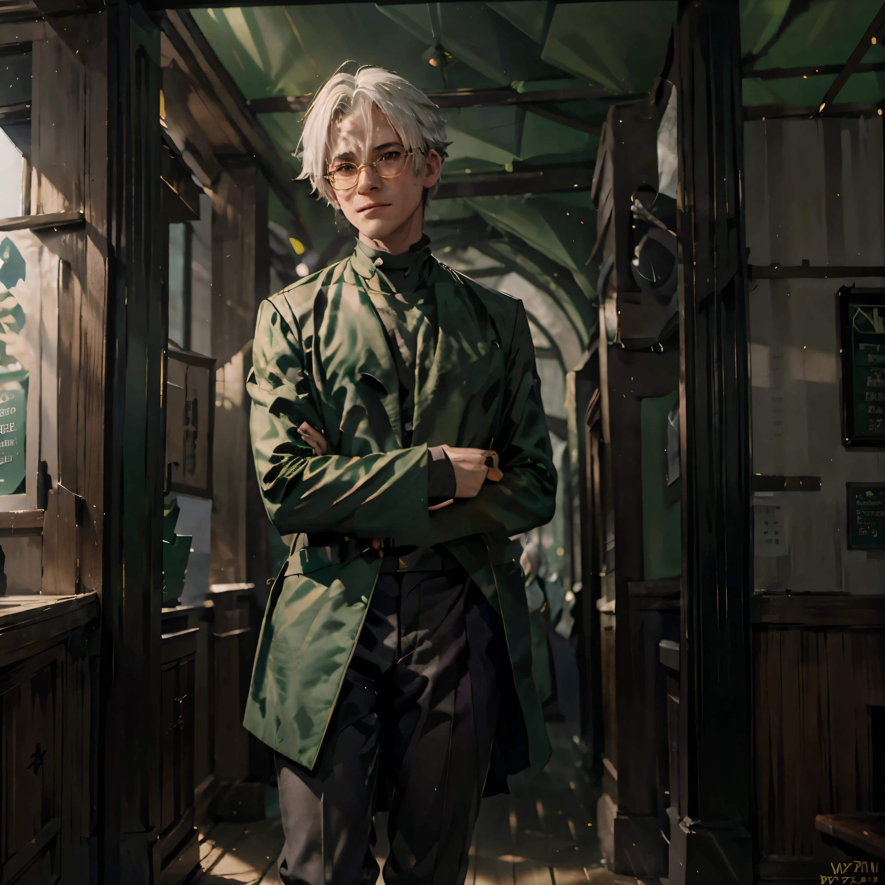 Ozpin, man, Wizard of Oz, glasses, small nose, sharp features green suit, white hair, Headmaster, school, magic, art, handsome, Rwby, anime, gold, green, turtleneck, walking cane, kindness, father figure. 