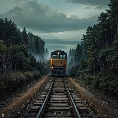 freight train crossing the forest on an overcast day