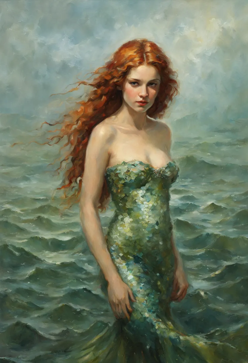 oil painting, masterpiece, best quality, full body portrait of a beautiful 25-year-old mermaid girl with long red hair, (highest...