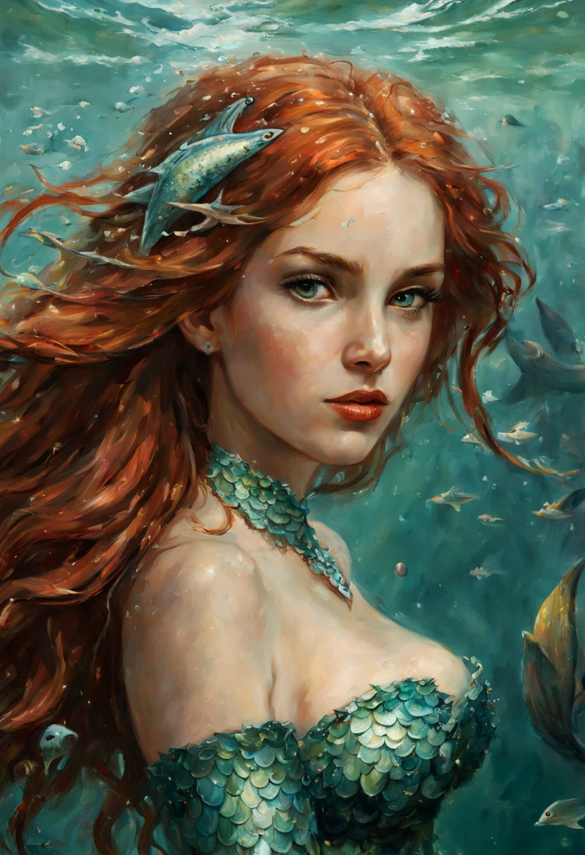 картина маслом, шедевр, Лучшее качество, full body Портрет of a beautiful 25-year-old mermaid girl with long red hair, (максимально детализированное лицо), плавание под водой, среди высоких темно-зеленых водорослей и морских рыб, Ее тело обнажено, ее хвост покрыт серебристой рыбьей чешуей лазурного цвета, массивное ожерелье на шее, сделанный из ракушек, морская звезда в ее волосах, свет проходит сквозь воду и ее волосы, ((Лучшее качество, шедевр:1.2), ультрадетализированный, Портрет, Тщательные детали, очень сложные детали, the art of аnnie Steg, Бром, образ эпического фэнтезийного персонажа, a Портрет of a character, Фэнтези-арт, работы Рихарда Шмида, а.Лицо, Волегов, книгаиллюстрация, импрессионизм
