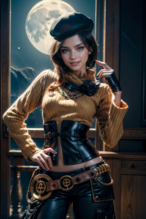 (masterpiece,stunning girlfriend, (standing:1.1), dynamic pose, heart shaped face, elegant face, beautiful face, highly detailed face, highly detailed skin, skin pores, subsurface scattering, realistic pupils, loving smile, looking at viewer, full face blush, full lips, detailed background, depth of field, atmospheric perspective, volumetric lighting, sharp focus, absurdres, realistic proportions, good anatomy, (realistic, hyperrealistic:1.4), 16k hdr, (masterpiece, best quality:1.2), cowboy shot, solo, 1girl, coco adel, grin, looking at viewer, hand on hip, beret, orange sweater, corset, black gloves, pants, jewelry, belt, bandolier, night, moon, standing in castle, crowds wearing armour, ((sfw))