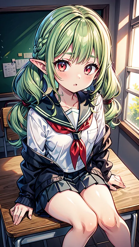 masterpiece, best quality, extremely detailed, detailed background, detailed face, break 1girl, (wavy hair, light green hair, li...