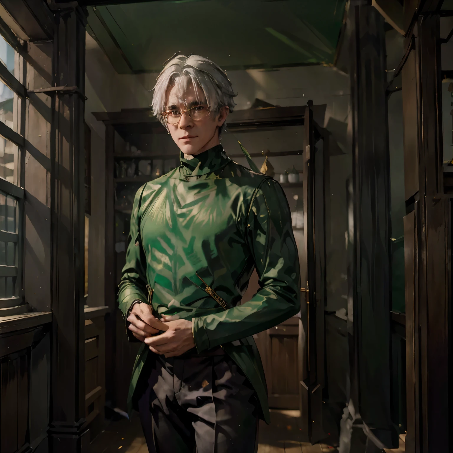 Ozpin, hombre, mago de Oz, anteojos, nariz pequeña, sharp features verde suit, pelo blanco, Director de escuela, Escuela, magia, arte, elegante, rwby, animado, oro, verde, suéter tipo con cuello de tortuga, bastón para caminar, Amabilidad, figura paterna. 