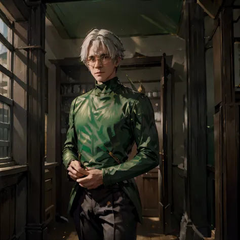Ozpin, man, Wizard of Oz, glasses, small nose, sharp features green suit, white hair, Headmaster, school, magic, art, handsome, ...