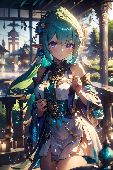 elf girl ,full body ,lewd,sexy, detached sleeves, bare shoulders,big , green hair, long hair, best quality, (hair ornament:1.35), jewelry, purple eyes, earrings, breasts, blue flowers, lantern light, depth of field, detailed face, face focus, (looking at v...