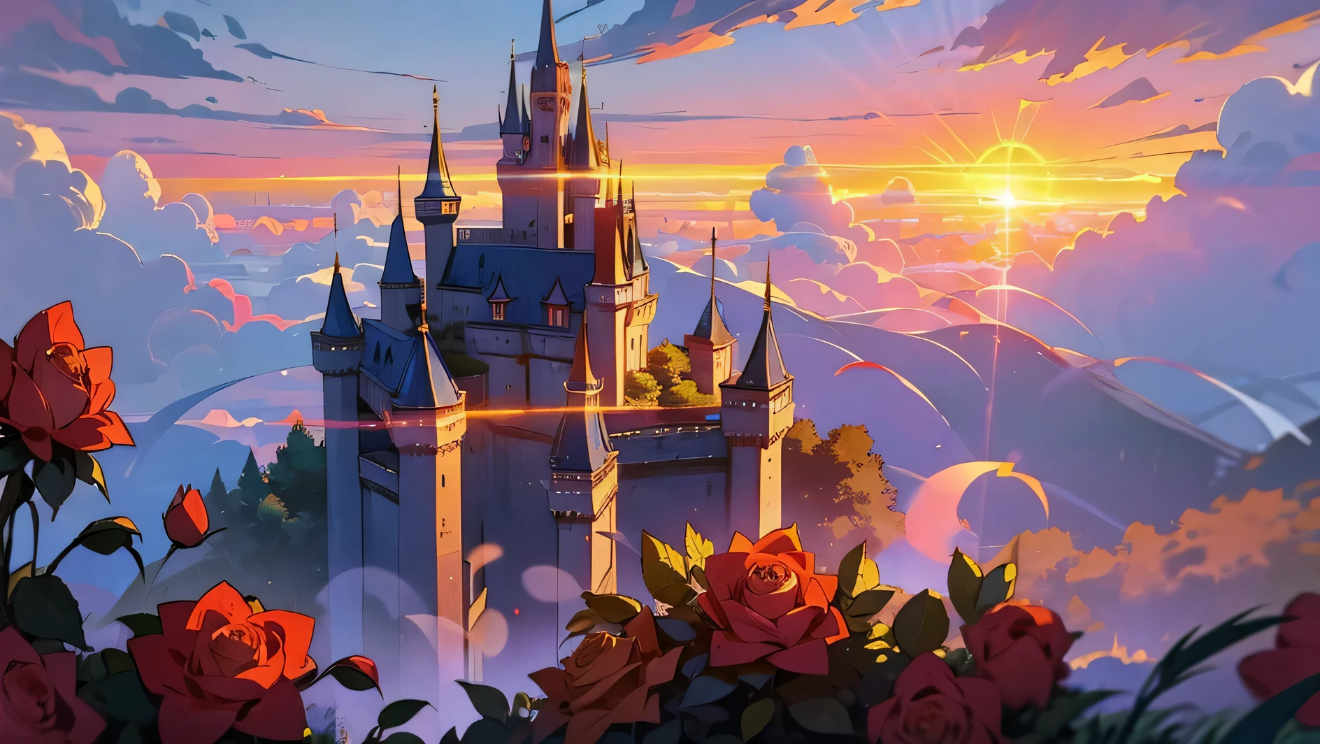 a castle floating in the sky on a big cloud, golden hour, romantic and nostalgic, flowers and roses