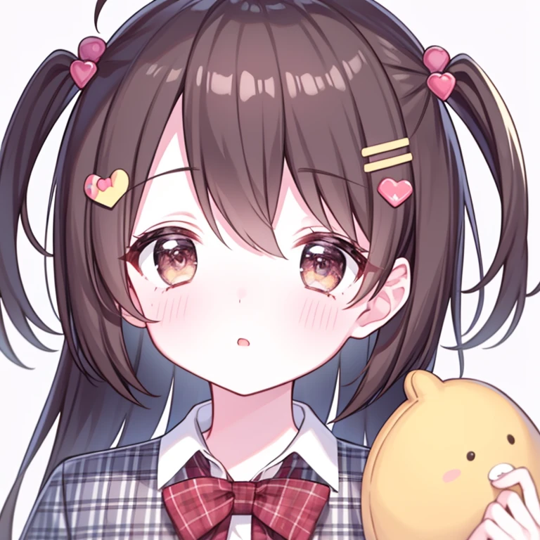 round image, caizi touxiang, 1 girl, heart, alone, hair ornaments, Virtual Youtuber, pupil in the shape of a symbol, Ahoge, brown hair, heart-shaped pupils, stuffed toy, long hair, Plaid, blush, Animal stuffed toys, bangs, brown eyes, shirt, holding, overview, heart Ahoge, white overview, holding stuffed toy, stuffed toyバニー, Plaid shirt, Upper body, collared shirt, Little, parted lips, rabbit hair ornaments, looking at the viewer, long sleeve, simple background, shine, Patterns that don't move, hair clip