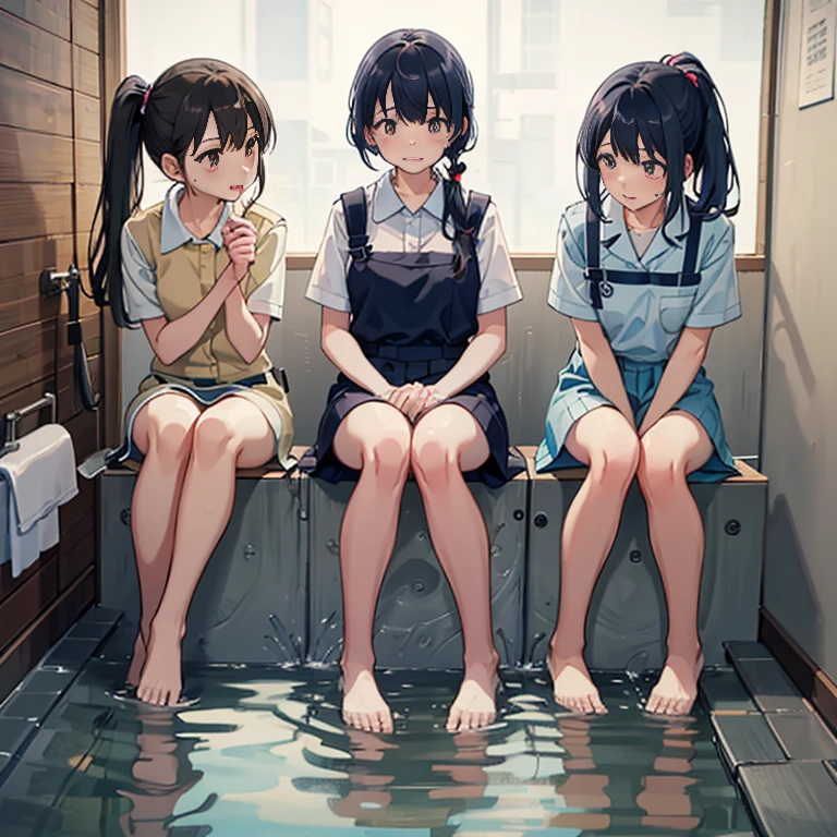 Hot spring toilet、three girls、wearing a uniform、In front of the toilet in the public hot spring、Leaking or holding back pee、black hair color、ponytail、Are crying face、blush、Tears from the eyes、spread legs、Are crying、dark blue socks、The color of the pants is light blue、Vertically aligned、Rear view、