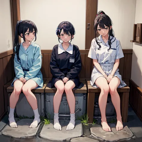 Hot spring toilet、three girls、wearing a uniform、In front of the toilet in the public hot spring、Leaking or holding back pee、blac...