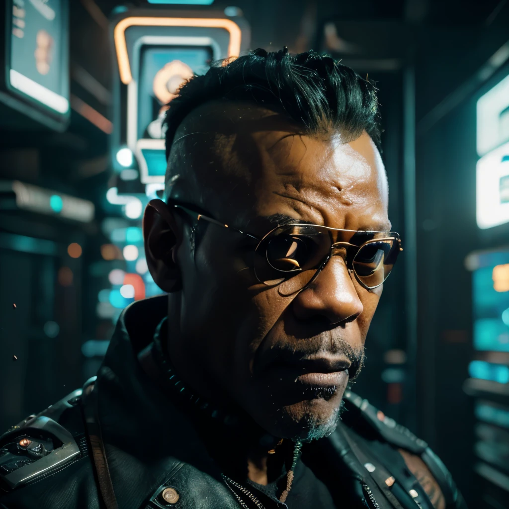 ((masterpiece, highest quality, hires, amazing detail, 8k, best quality)), cinematic, portait, closeup shot of middle aged man / Samuel l jackson/, wearing highly damaged battlesuit, perfect facial hair, scars, cybernetic implants, mirrorshades, in the artstyle of shirow masamune, ghost in the shell, gantz, gritty, cyberpunk background, dynamic colours