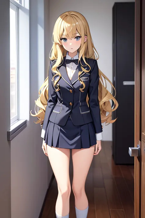 blonde girl, long curly hair, tall, grey eyes, a slim body, dressed in a school uniform