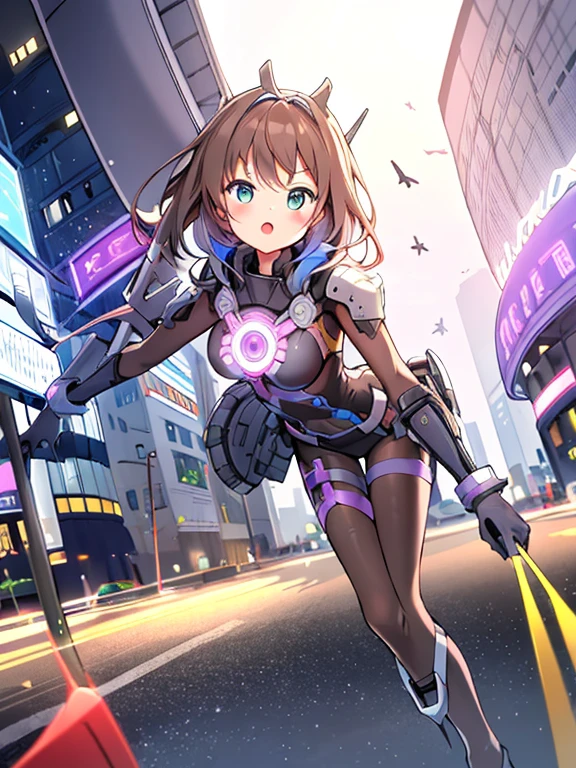 extreme detail,masterpiece,future city,with a girl (Energy Shield):1.3,Tight Fit Bodysuit,protect yourself from danger,use a shield in battle,Futuristic buildings,flying car,the shield becomes brighter,repel the invaders