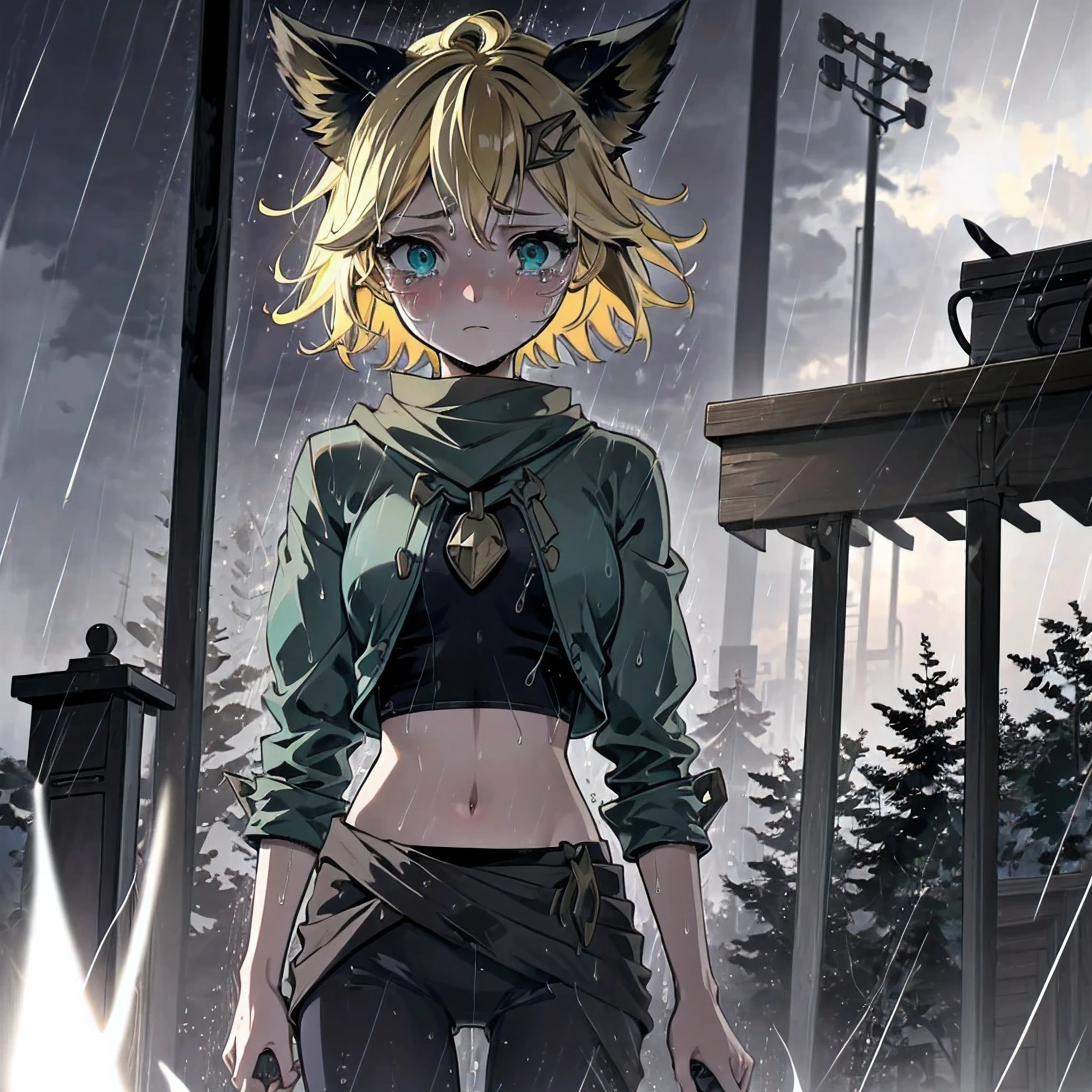 joying_MLBB,1 girl,short hair,blonde,уши lifeных,tail,life,navel, 1 girl, funeral, it is raining heavily, she is standing in the rain, crying, Holding back tears, looking down, hair near her face, Grey colors, Mainly cloudy, sad, melancholy, depression, a high resolution, ray tracing , Blur background, anime, anime style, accuracy, masterpiece, 8K, very detailed, high detail, Best quality, ultra high accuracy, creating a poignant and emotional scene, (melancholic:1.2), (gloomy atmosphere:1.1), (sad expression: 1.2), (With teary eyes), (soft lighting:1.1), pastel shades:1.1), muted and restrained color palette, (loneliness:1.2), (Hair fluttering in the wind), (current:1.1), (rain:1.2), gentle rain, drops adding to the melancholy, holding on tight, ( kawaii:0.8), a combination of sadness with a touch of cuteness, (introspective:1.1), wet, wet clothes