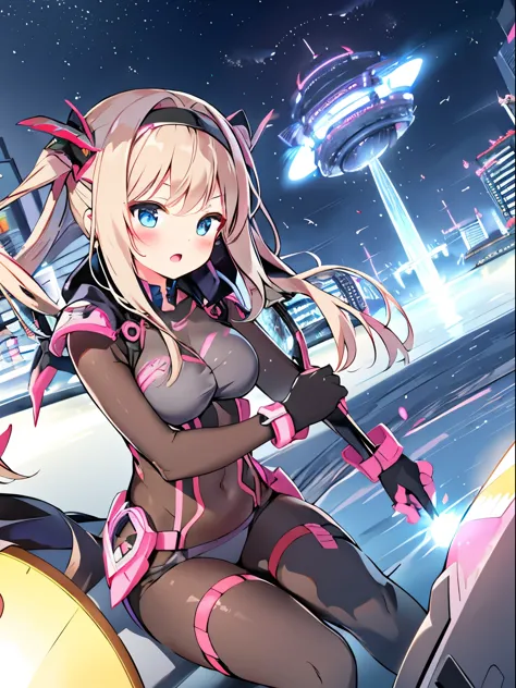 extreme detail,masterpiece,future city,with a girl (Energy Shield):1.3,Tight Fit Bodysuit,protect yourself from danger,use a shield in battle,Futuristic buildings,flying car,the shield becomes brighter,repel the invaders