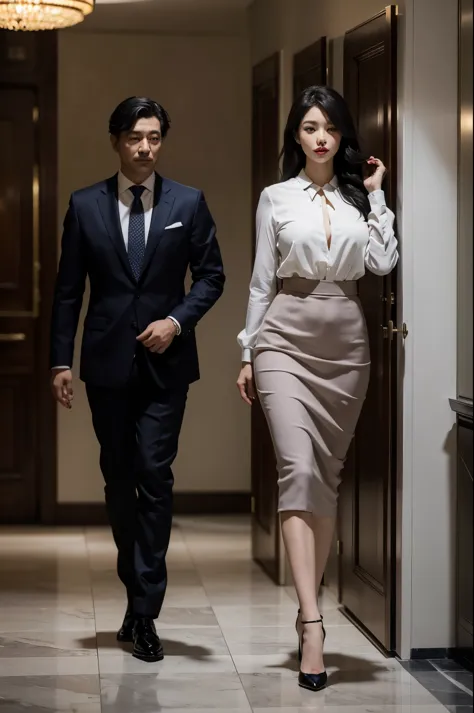 "Sakura, alongside Yumi's father, confidently striding towards a meeting room, her high-heeled pumps clicking on the polished marble floor, her form-fitting pencil skirt and fitted blouse accentuating her figure and professionalism, glossy black hair bounc...