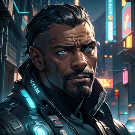 ((masterpiece, highest quality, hires, amazing detail, 8k, best quality)), cinematic, portait, closeup shot of middle aged man / idris elba 1.5 /, wearing highly damaged battlesuit, perfect facial hair, scars, cybernetic implants, wearing aviators, in the artstyle of shirow masamune, ghost in the shell, gantz, gritty, cyberpunk background, dynamic colours