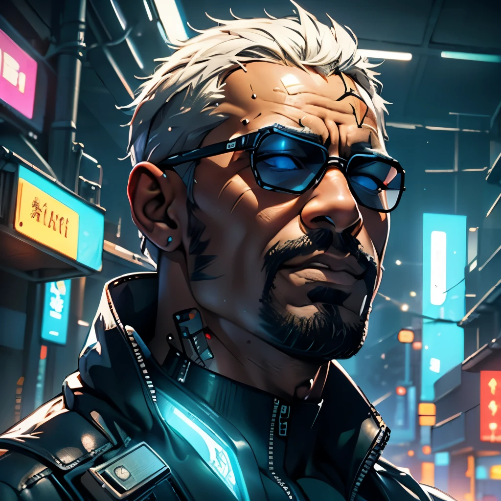 ((masterpiece, highest quality, hires, amazing detail, 8k, best quality)), cinematic, portait, closeup shot of middle aged man / idris elba 1.5 /, wearing highly damaged battlesuit, perfect facial hair, scars, cybernetic implants, wearing aviators, in the artstyle of shirow masamune, ghost in the shell, gantz, gritty, cyberpunk background, dynamic colours