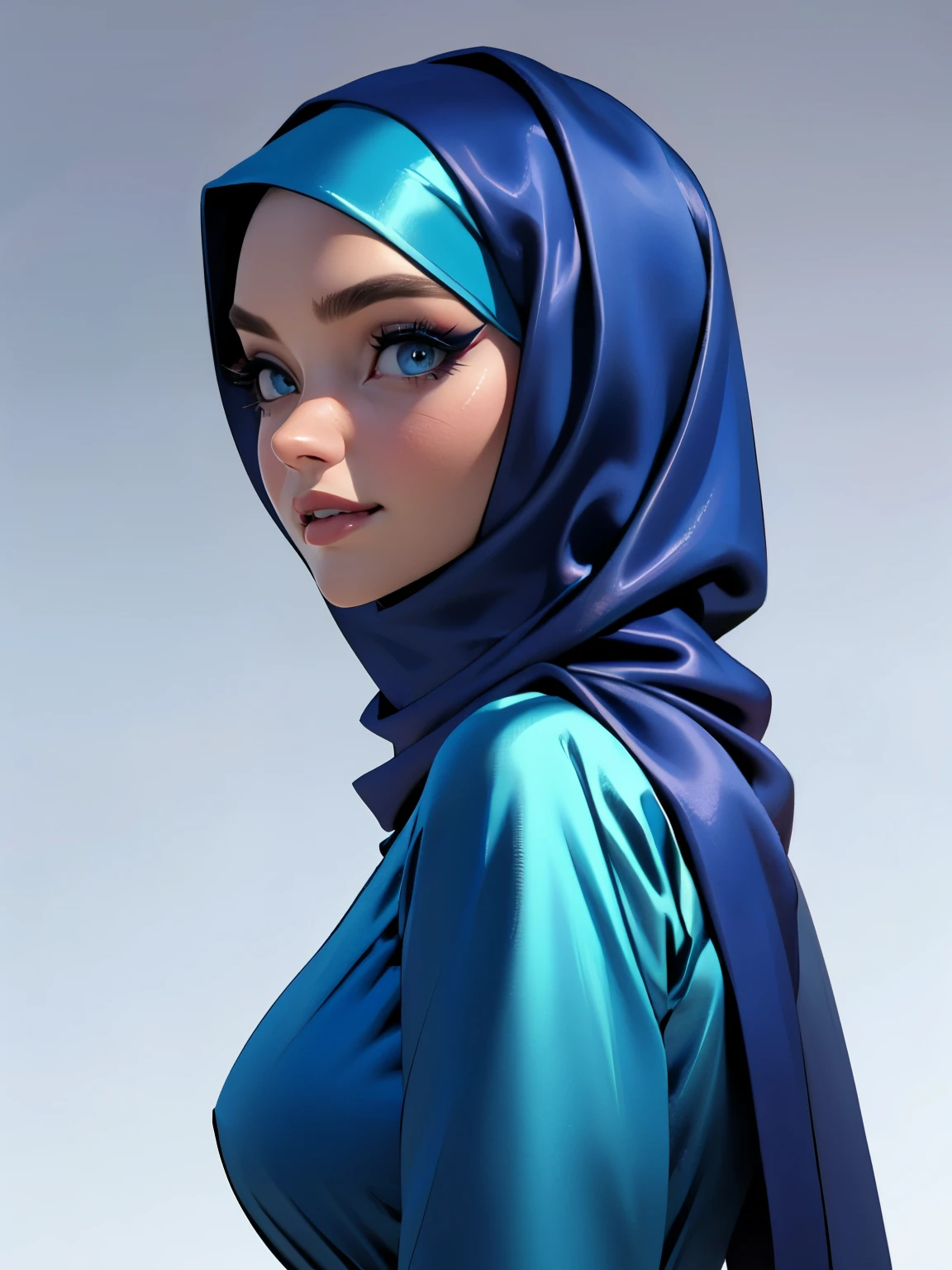 3dmm style, (Masterpiece), realistic, best quality, best lighting, extremely detailed artgerm, style artgerm, beautiful mature woman, 1 girl photo solo, beautifully makeup, eyeshadow, Parted Lips, Detailed Eyes, ((beautiful big eyes)), long eye lashes, dimples on the cheeks, smile, wearing silk hijab, ((Dark blue satin hijab)), loosely tide hijab style, shining silk, satin, blue satin, ((Blue satin shirt and satin long skirt)), (Close-up portrait), Front view, Standing Symmetric Centre, facing the viewer, gray background.