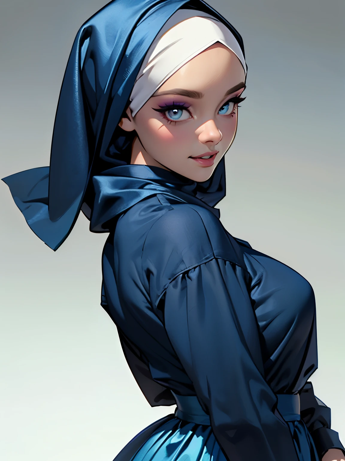 3dmm style, (Masterpiece), realistic, best quality, best lighting, extremely detailed artgerm, style artgerm, beautiful mature woman, 1 girl photo solo, beautifully makeup, eyeshadow, Parted Lips, Detailed Eyes, ((beautiful big eyes)), long eye lashes, dimples on the cheeks, smile, wearing silk hijab, ((Dark blue satin hijab)), loosely tide hijab style, shining silk, satin, blue satin, ((Blue satin shirt and satin long skirt)), (Close-up portrait), Front view, ((Standing Symmetric Centre)), facing the viewer, gray background.