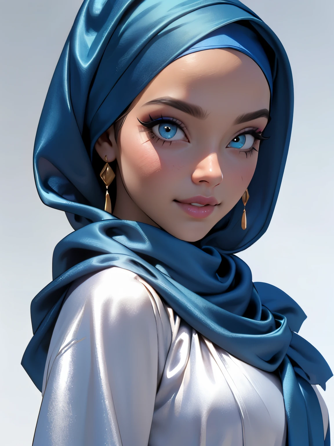 3dmm style, (Masterpiece), realistic, best quality, best lighting, extremely detailed artgerm, style artgerm, beautiful mature woman, 1 girl photo solo, beautifully makeup, eyeshadow, Parted Lips, Detailed Eyes, ((beautiful big eyes)), long eye lashes, dimples on the cheeks, smile, wearing silk hijab, ((Dark blue satin hijab)), loosely tide hijab style, shining silk, satin, blue satin, ((Blue satin shirt and satin long skirt)), (Close-up portrait), Front view, Standing Symmetric Centre, facing the viewer, gray background.