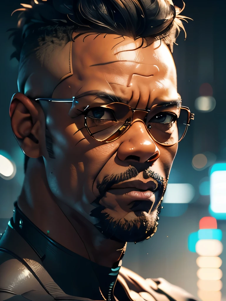 ((masterpiece, highest quality, hires, amazing detail, 8k, best quality)), cinematic, portait, closeup shot of middle aged man / Samuel L Jackson 1.5 /, wearing very worn mechsuit, perfect facial hair, scars, cybernetic implants, wearing aviators, ghost in the shell, gantz, gritty, cyberpunk background, dynamic colours