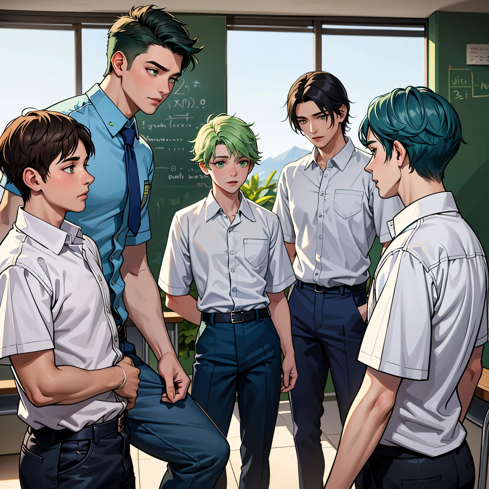 los 4 chicos guapos de la ecuela camisa azul y pantalon blanco, Están hablando con preocupación sobre algo importante que va a suceder. Están ansiosos y preocupados.. Están en las aulas del colegio.. Tienen 14 años y . tienen el pelo verde, ojos verdes.