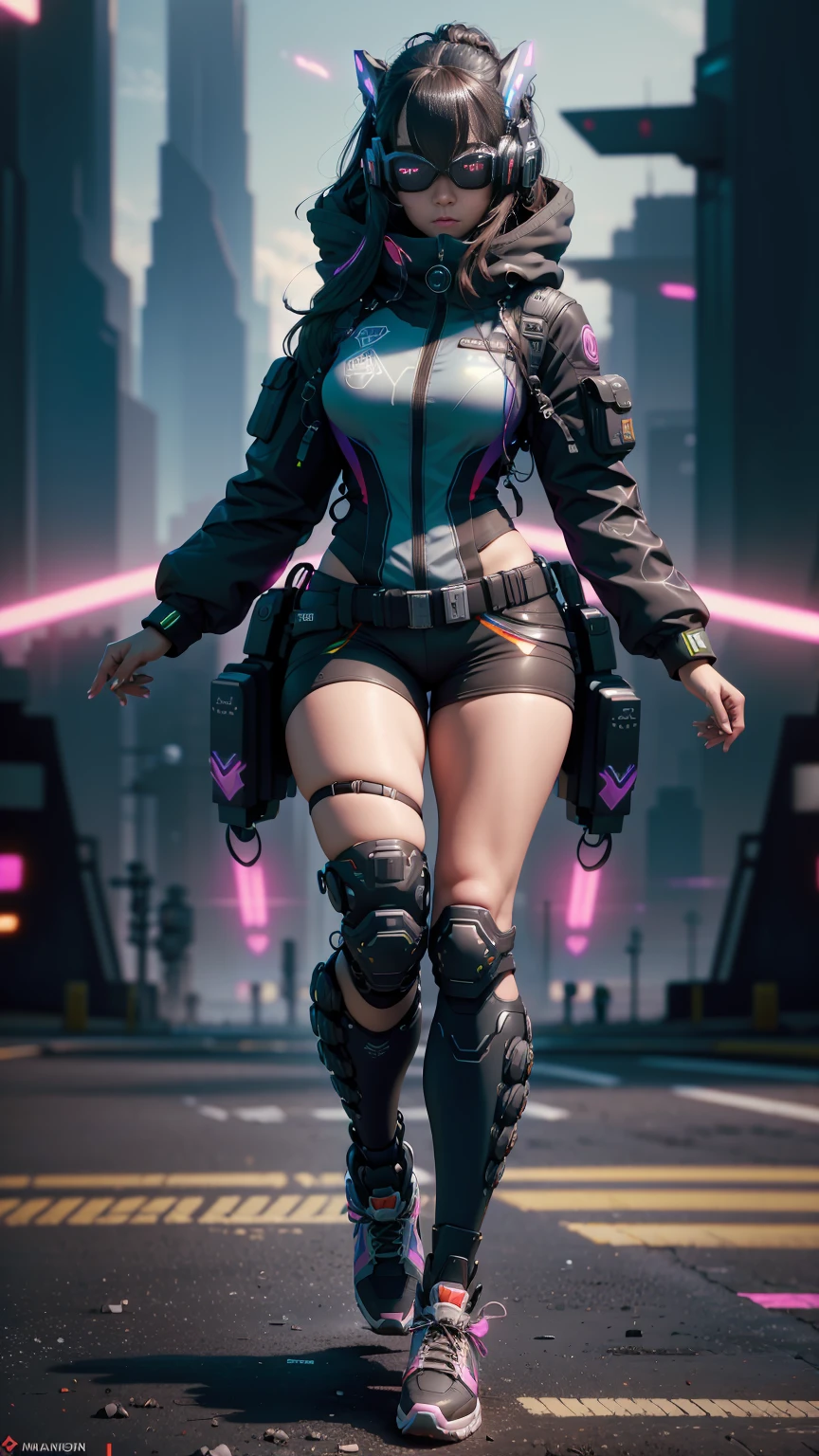 An ultra-realistic and ultra-detailed ((full body portrait)) Intricate (Caucasian) Future-Spy Goddess with dark hair, Sneakers, hearts, Standing And Aiming A Bulky Oversized Silenced Gun, Netrunner, Vigilante, Classy, Sassy, Fantastically Colorful, Futuristic Sexy Shorts Fashion Minimalistic Military Clothing, Augmented Reality, Futuristic Rainbow Glowing Presence Of Absolution And Fantastical Force, Sharp Camera Focus, Visual-Depth, Highly Detailed, (Highest Artistic Quality), Over 8k, Upscaled4x.