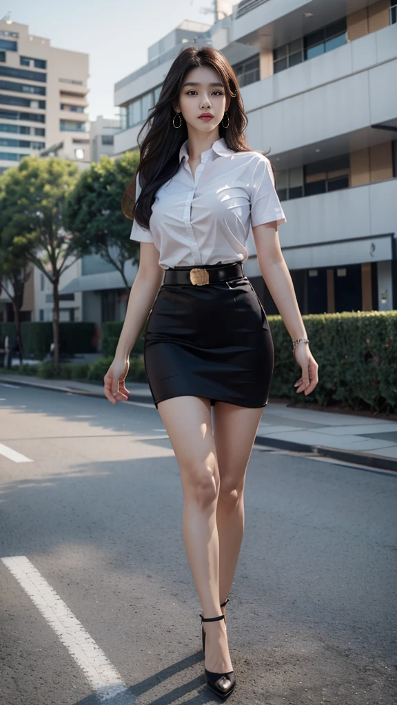 highest resolution, 8K, high definition, (extra long hair, Hair length 12 meters, black hair), นักศึกษาthailand, (half-caste, thailand, Japan, Korea, Height 173 centimeters), ((stand, walk)), (Beautiful face, แต่งBeautiful face, Double eyelids, red lips), (Beautiful Woman, The texture is realistic.), (white short sleeve shirt thin shirt, collar shirt, With metal buttons), (black short pencil skirt, Very short, Side incision, กระโปรงสีดำพร้อมbeltผู้หญิง, tight), (Huge breasts, Breast augmentation, big breast, Big tits, plump tits, Fluffy milk, Huge breasts), (Symmetrical shape, sexy figure, Thin, slim, small waist, Long legs, Beautiful thighs), (Pitch black high heels, earring, Put on a watch, belt), (full body, Look at every part of the body.), (university backdrop, building, building, lawn, outdoor sports field)