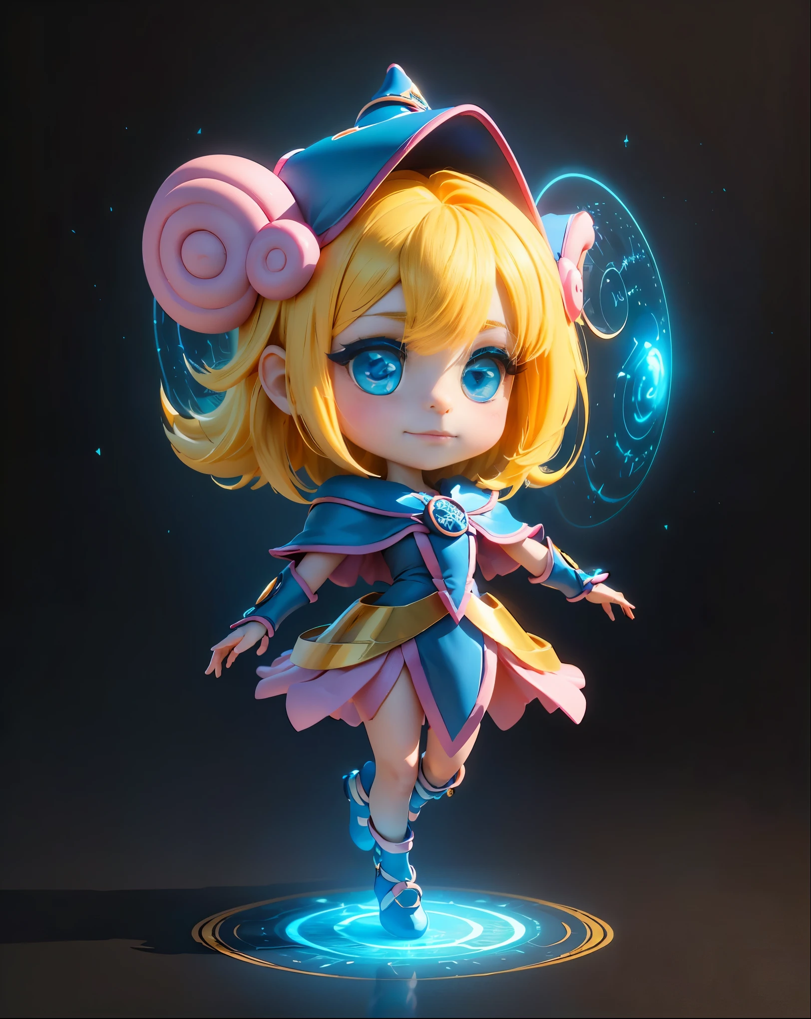 The full body 3d artwork of super lindo girl, 1 chica, ojos bonitos azules, Ojos grandes , cabello rubio  y largo. lindo, feliz,  C4D,  heart bubbles，fondo de magia, Chibi, fluorescent translucent, cuerpo brillante,kawaii, dollface, posar, hoja de referencia, pixar,detalles complejos, 3d representation, renderizador OC, foll body hoja de referencia, regatear, detalles altos, 8k, studio lighting,, , ,  Chibi, SD character:1.1