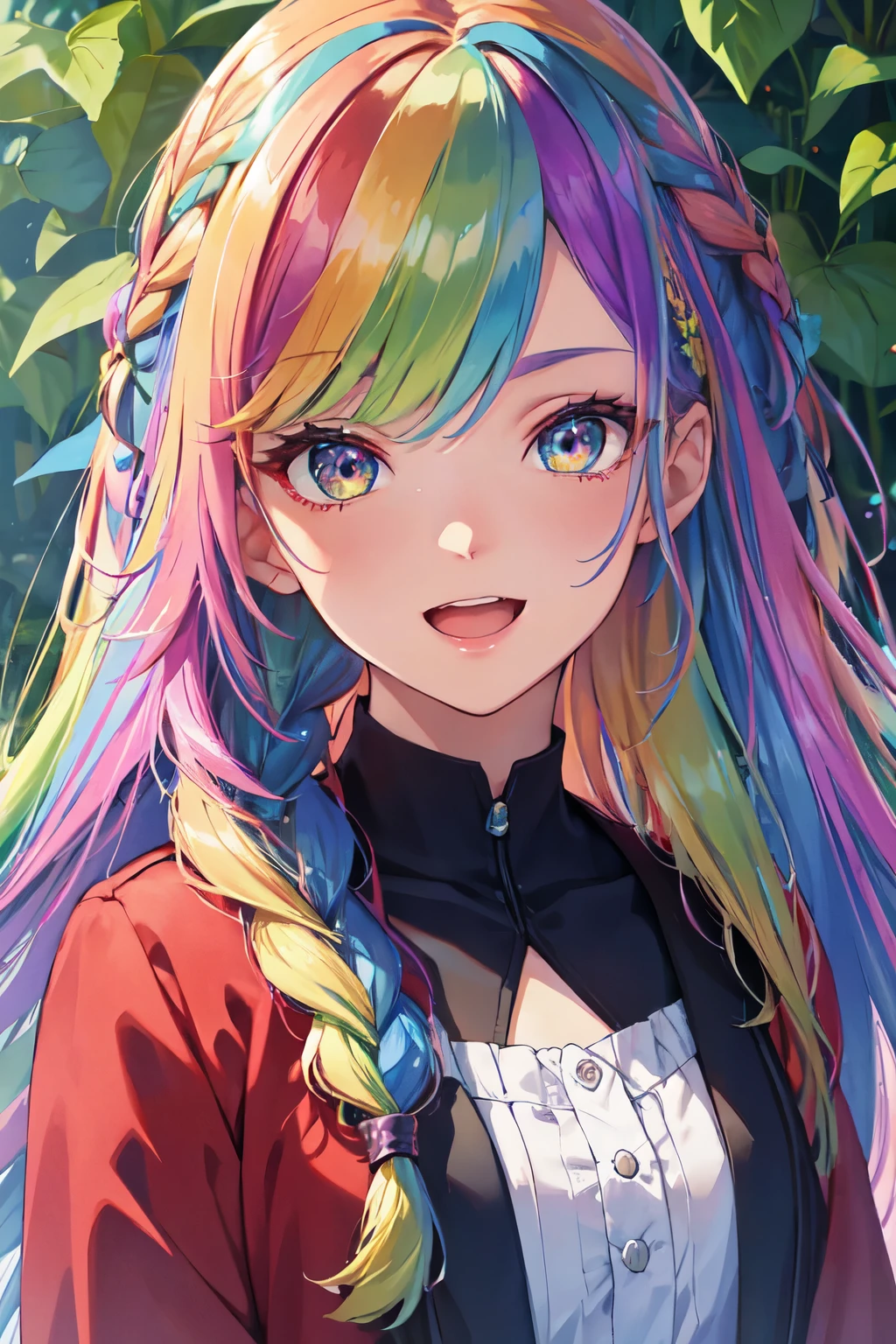 （In 8K, best quality, muste piece:1.2)、ultra high resolution,1 female 16 years old、ultra-detailed face,detailed eyes,open mouth,laughing,((Rainbow Hair)),asymmetrical bangs,twin braids,BREAK,(flower dress),Rainbow light,botanical garden