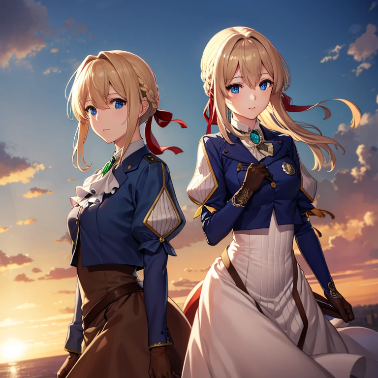 Violet Evergarden, Violet Evergarden, Blonde hair, Blue eyes, Hair Ribbon, bow ribbon, Short hair, Braids, hair braids, Red Ribbon, maturefemale,
Blake Blue Jacket, Brown gloves, Cropped jacket, Dress, gloves, Green brooch, Jacket, juliet sleeves, Long sleeves, Puffy sleeves, White Dress,
BREAK looking at viewer,
BREAK outdoors, city,
BREAK (masutepiece:1.2), Best Quality, High resolution, Unity 8k壁纸, (Illustration:0.8), (Beautiful detailed eyes:1.6), extra detailed face, Perfect Lighting, extremely details CG, (Perfect hands, Perfect Anatomy),a smile